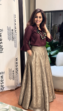 Load image into Gallery viewer, Antique Gold Brocade Skirt with Cola Pure Silk Collared Shirt
