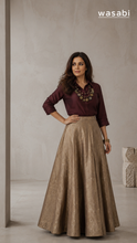 Load image into Gallery viewer, Antique Gold Brocade Skirt with Cola Pure Silk Collared Shirt
